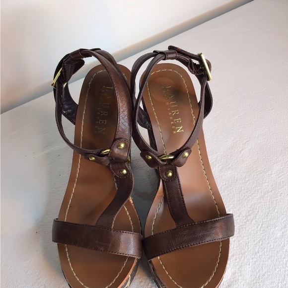 Ralph Lauren Brown Leather Sandals with Wedge Heel Women’s Size 5 - Picture 4 of 9